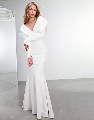 ASOS EDITION Everly bardot long sleeve crepe wedding dress Ivory