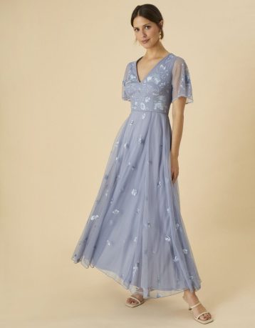 Bree embroidered shorter length bridesmaid dress in recycled polyester blue