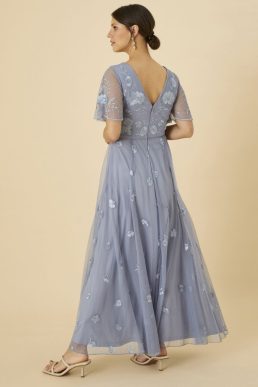 Bree embroidered shorter length bridesmaid dress in recycled polyester blue