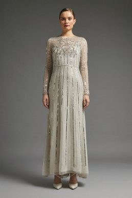 Coast Premium Long Sleeve Sequin Maxi Dress Ivory Silver