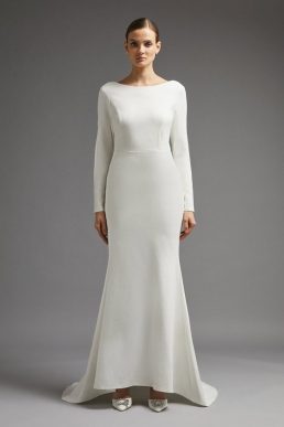 Coast V Back Long Sleeve Bridal Dress With Trail Ivory