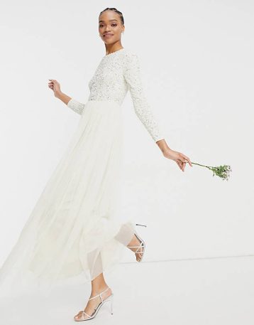 Maya Bridal long sleeve maxi dress with delicate sequin and tulle skirt in ecru