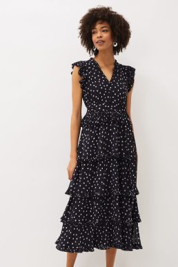 Phase Eight Josephina Spot Tiered Dress Navy Buttermilk