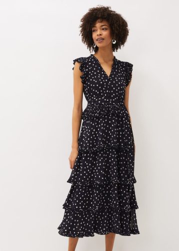 Phase Eight Josephina Spot Tiered Dress Navy Buttermilk