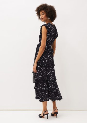 Phase Eight Josephina Spot Tiered Dress Navy Buttermilk