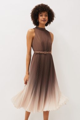 Phase Eight Simara Ombre Pleated Halterneck Dress Espresso Brown Nude