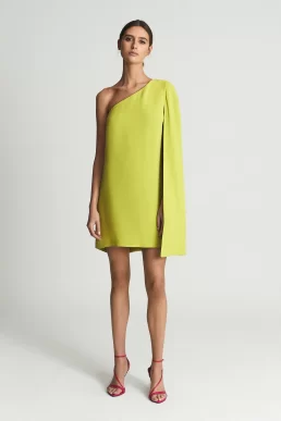 Reiss Samantha Cape-One Shoulder Mini Dress Lime Green