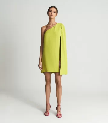 Reiss Samantha Cape-One Shoulder Mini Dress Lime Green