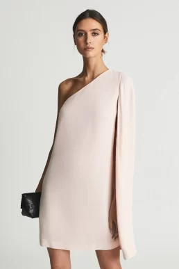 Reiss Samantha Cape-One Shoulder Mini Dress Nude Pink Cream