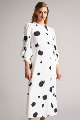 Ted Baker ELIYZZA Button Up Midi Dress With Tie Cuffs Black White