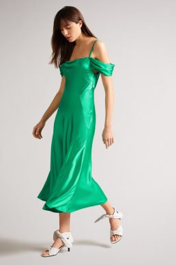 Ted Baker ESTA Cold Shoulder Cowl Front Midi Slip Dress Green