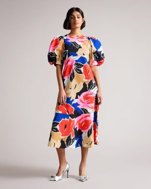 Ted Baker HARPIA Floral Print Midi Dress Blue Multi
