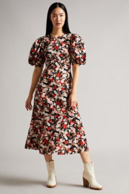 Ted Baker HELGI Printed Floral Seersucker Midi Dress Black Red Multi