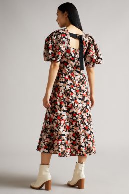 Ted Baker HELGI Printed Floral Seersucker Midi Dress Black Red Multi