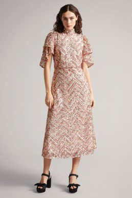 Ted Baker MACIVER Multi Sequin Short Sleeved Dress Light Pink Blush