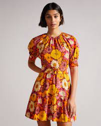 Ted Baker PATTI New World Self Belt Detail Mini Dress, Orange/Pink/Multi