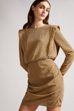 Ted Baker QUINCI Mini Dress With Shoulder Detail Beige Brown Black