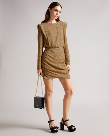 Ted Baker QUINCI Mini Dress With Shoulder Detail Beige Brown Black