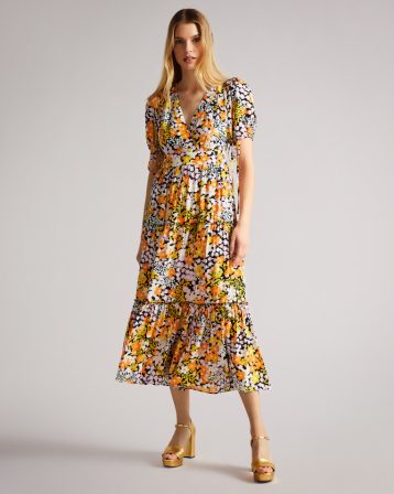 Ted Baker SAFIREE New World Printed Tiered Midi Dress Yellow White Multi