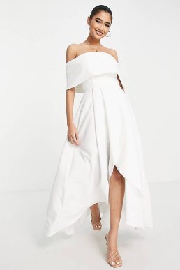 True Violet Bridal off shoulder high low maxi dress in ivory