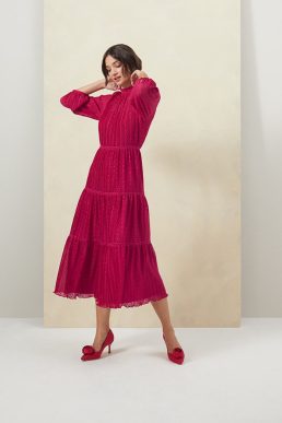 Hobbs Colette Tiered Fit And Flare Dress Cerise Pink