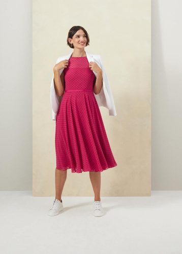 Hobbs Della Spot Fit And Flare Dress Fuchsia Pink