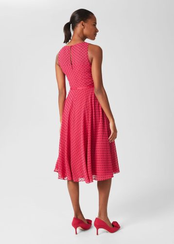 Hobbs Della Spot Fit And Flare Dress Fuchsia Pink