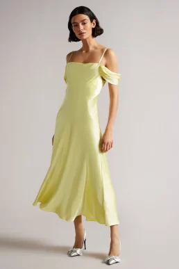 Ted Baker ESTA Cold Shoulder Cowl Front Midi Slip Dress Light Yellow