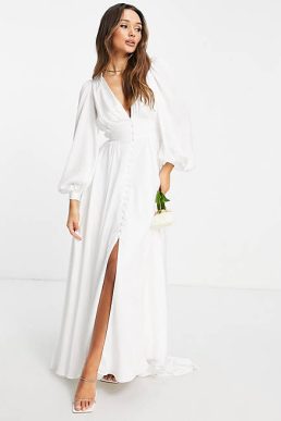 ASOS EDITION Alyssa satin wedding dress with blouson sleeve and button front Ivory