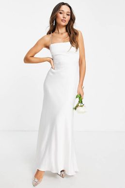 ASOS EDITION Astrid satin square neck wedding dress with tie back Ivory