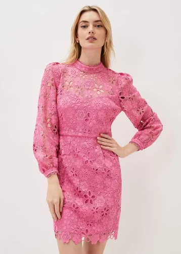 Ted Baker Doris Guipure Lace Highneck Dress Pink