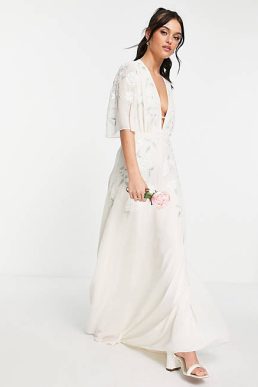 Hope & Ivy Bridal embroidered plunge maxi dress in ivory