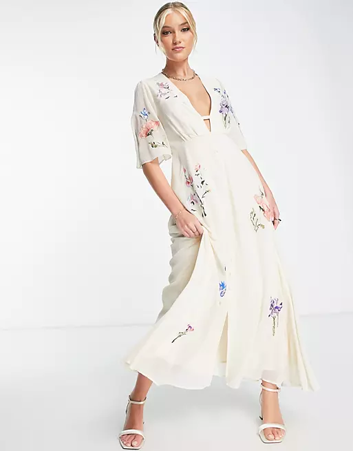 Hope & ivy button through floral embellished midaxi dress in cream outlet