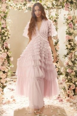 Needle & Thread Willow Ruffle V-Neck Gown, Lilac/Purple