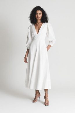 Reiss CHRISTIE Puff Sleeve Plunge Midi Dress White
