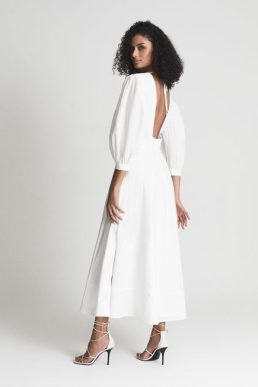 Reiss CHRISTIE Puff Sleeve Plunge Midi Dress White