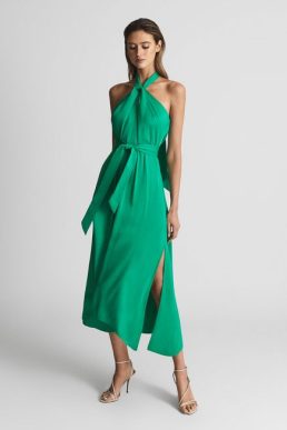 Reiss EVVIE Tie Waist Halterneck Midi Dress Green