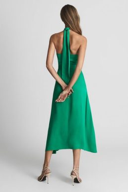 Reiss EVVIE Tie Waist Halterneck Midi Dress Green