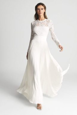 Reiss HAZEL Lace Top Pleated Dress White