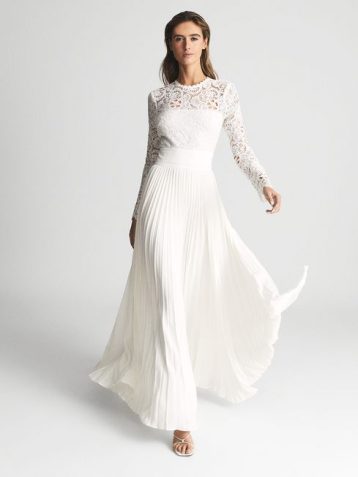 Reiss HAZEL Lace Top Pleated Dress White
