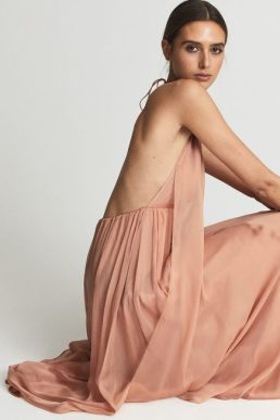 Reiss JUDE Halter Neck Silk Maxi Dress Nude