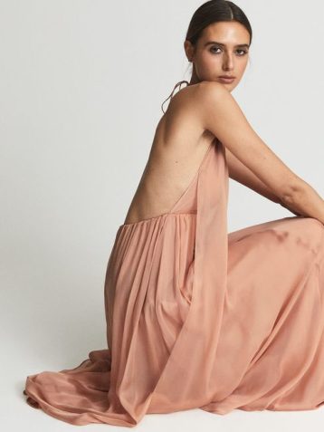 Reiss JUDE Halter Neck Silk Maxi Dress Nude