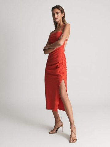 Reiss KHALIA Stretch Linen Bodycon Midi Dress Red
