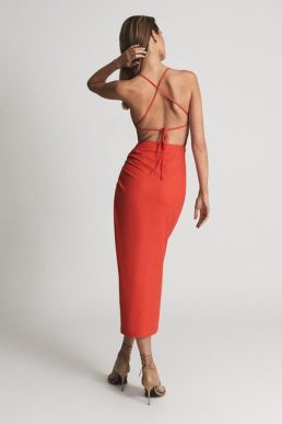 Reiss KHALIA Stretch Linen Bodycon Midi Dress Red