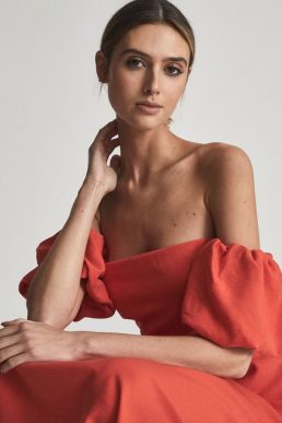 Reiss SHONA Puff Sleeve Off Shoulder Midi Dress, Red