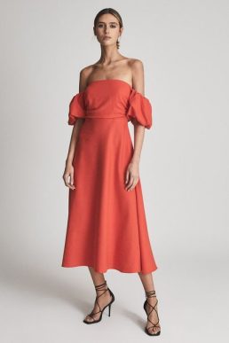 Reiss SHONA Puff Sleeve Off Shoulder Midi Dress, Red