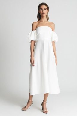 Reiss SHONA Puff Sleeve Off Shoulder Midi Dress White
