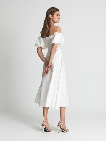 Reiss SHONA Puff Sleeve Off Shoulder Midi Dress White