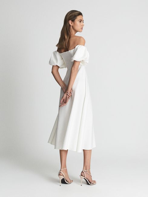Reiss SHONA Puff Sleeve Off Shoulder Midi Dress, White