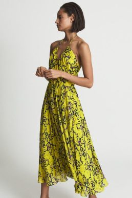 Reiss TESSA Lime Print Midi Dress Yellow Black